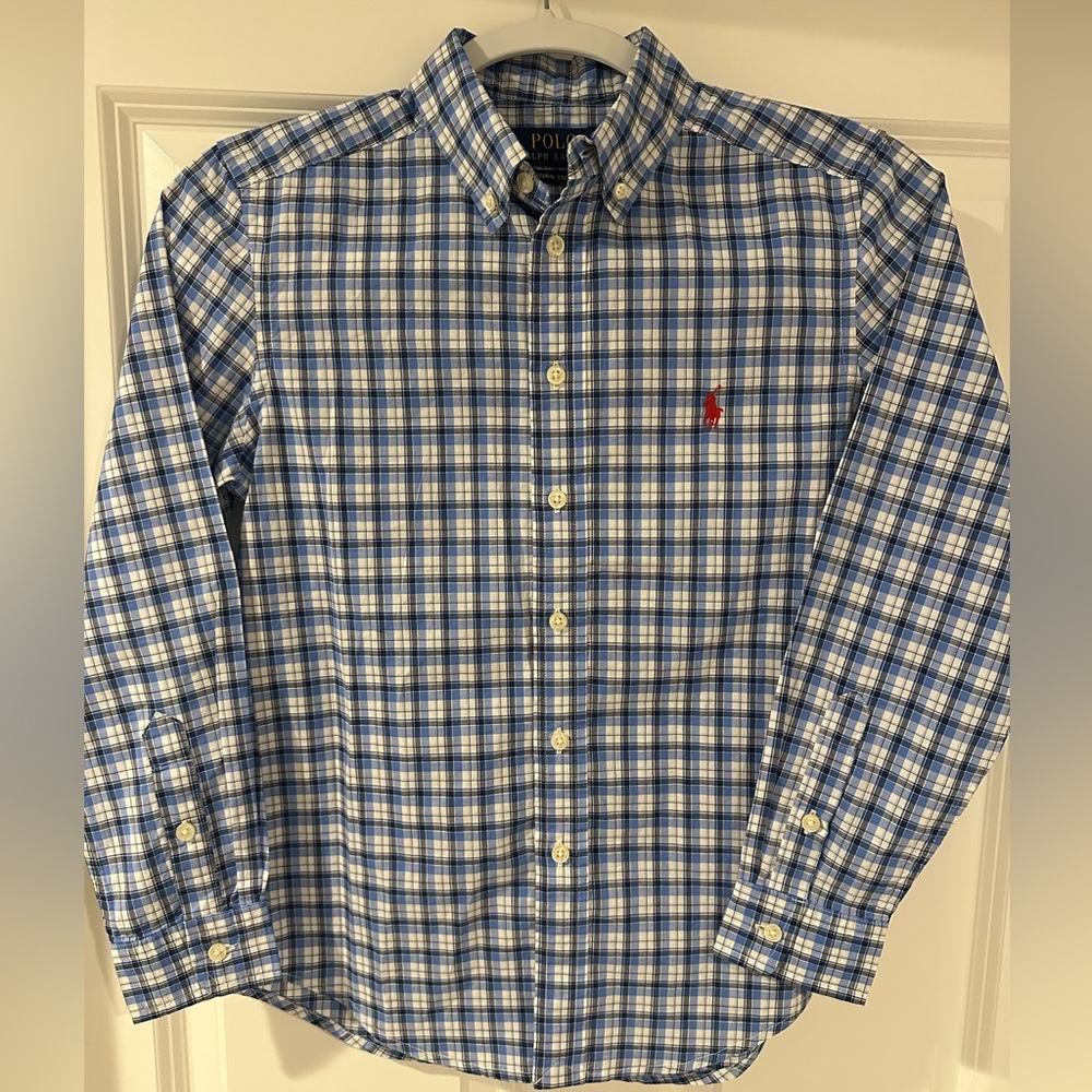 Polo By Ralph Lauren Boy's Medium 10 12 Button Down Collar Shirt Natural Stretch